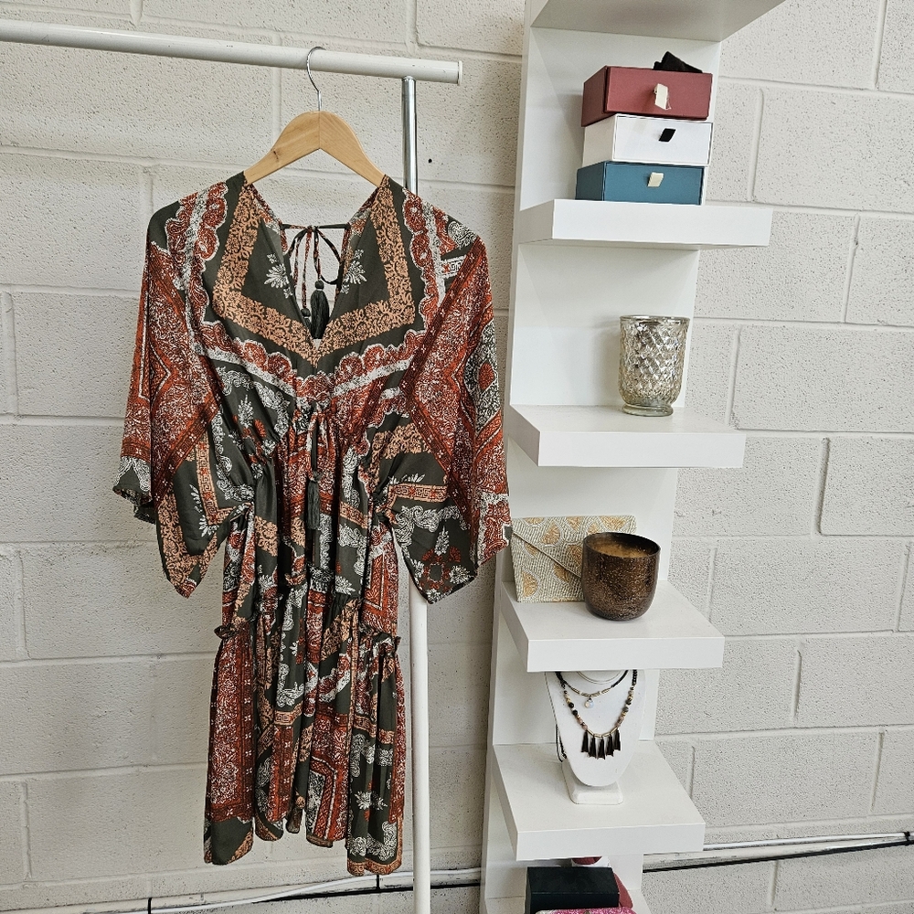 Scarf Print Kimono Sleeve Mini Dress